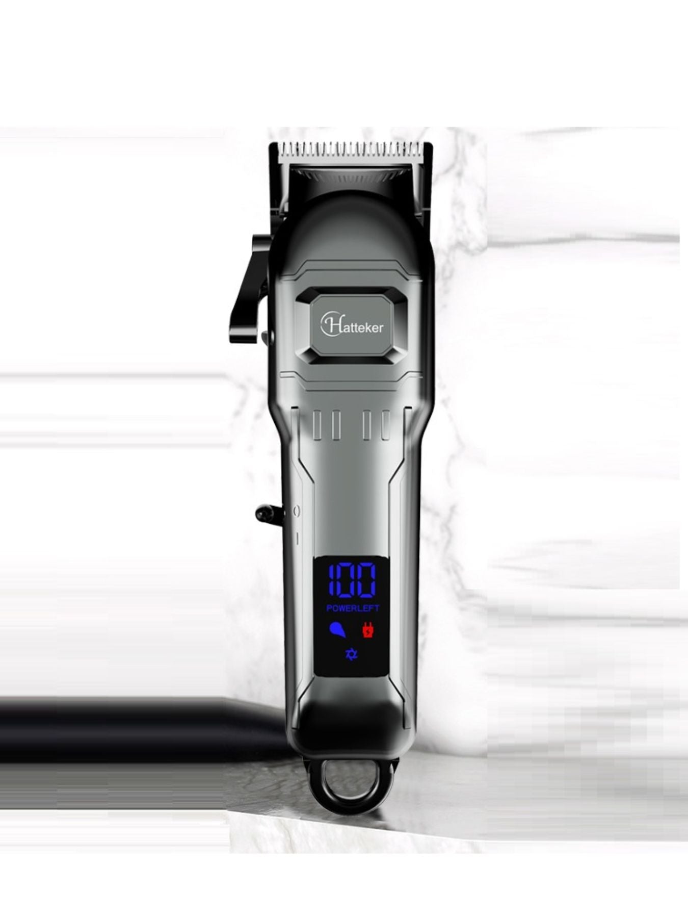 Silver cordless hair clipper with LED display from Trendsi, showcasing adjustable blades and ergonomic design for precise styling.