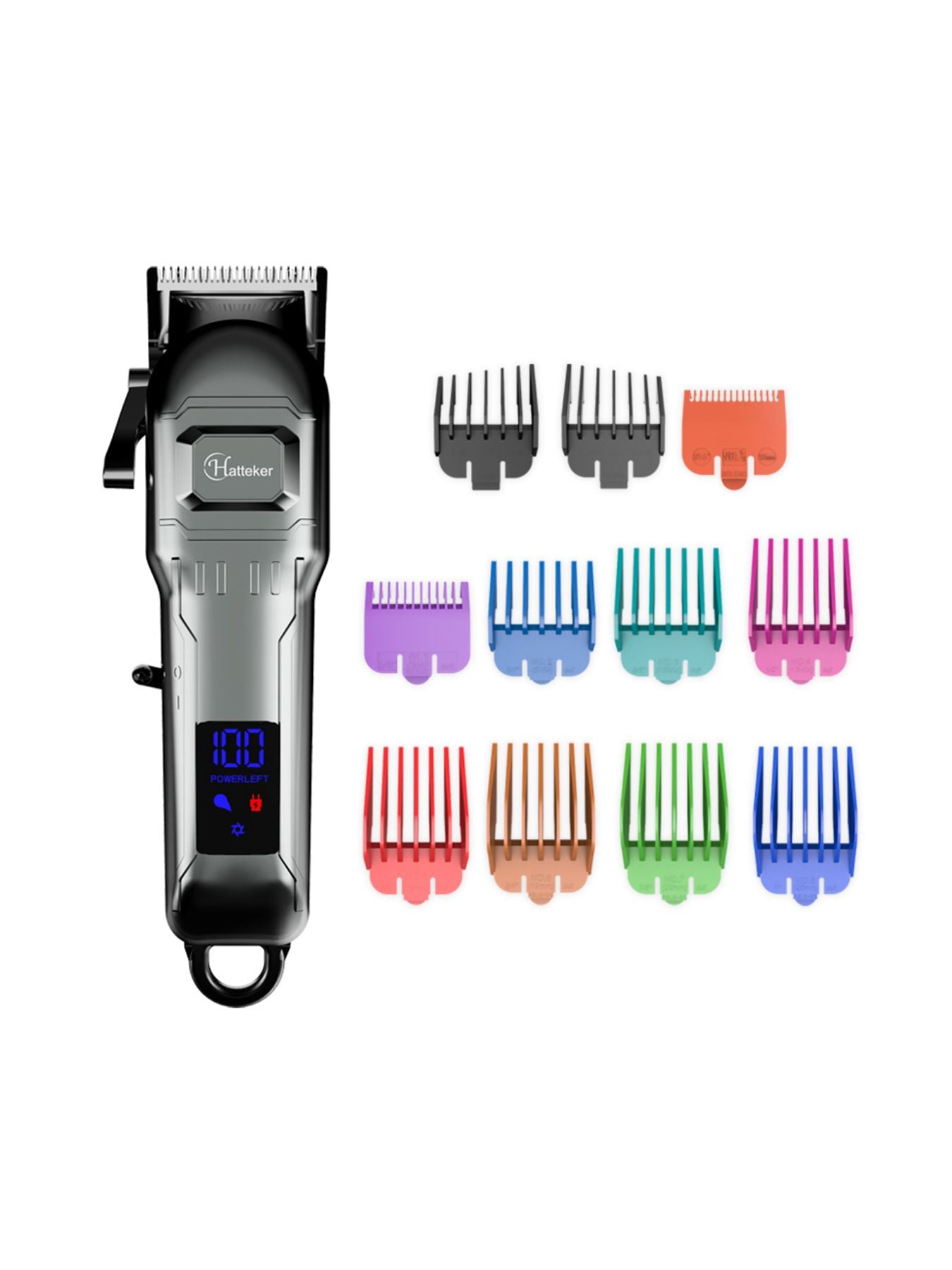 Silver cordless hair clipper with LED display, Trendsi brand, showing adjustable blades and ergonomic design for easy styling.