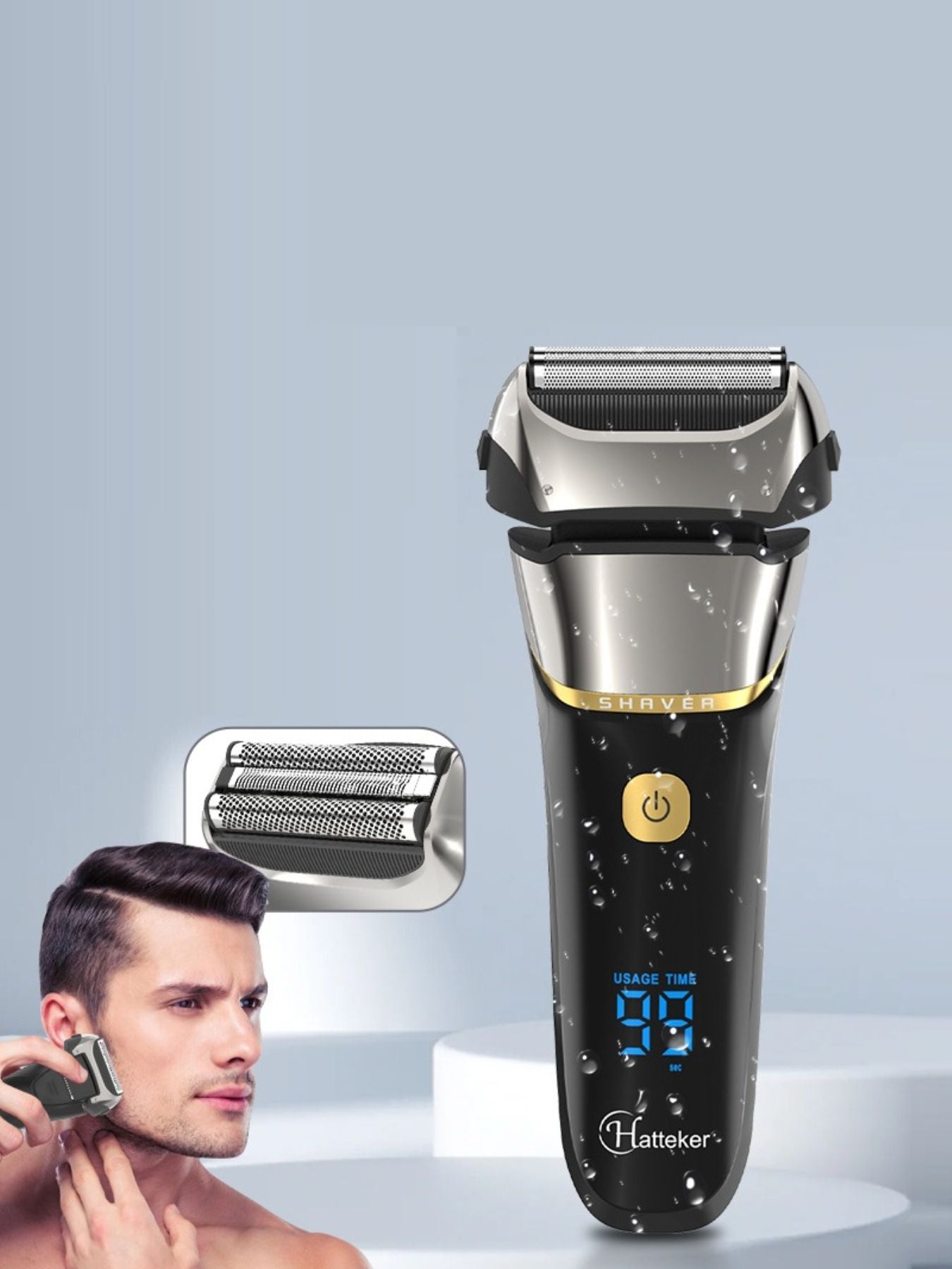 Silver electric foil shaver with LED display from Trendsi, showing a sleek, one-size design and close-up of foil blades.