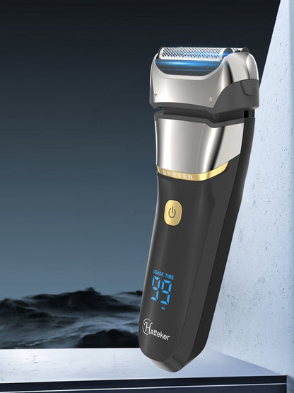 Silver electric foil shaver with LED display from Trendsi, showing a close-up of the shaver's sleek design and functional LED screen.