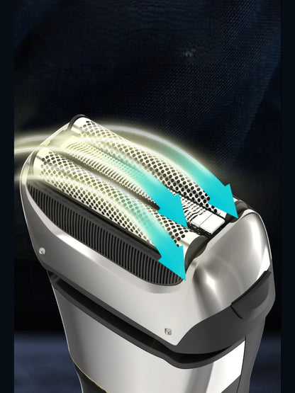 Silver electric foil shaver with LED display from Trendsi, showing close shave and sleek design.