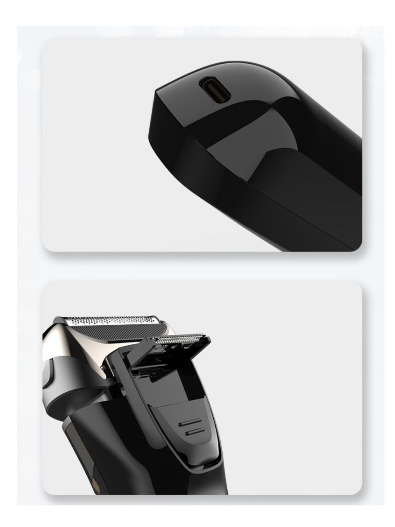Silver electric foil shaver with LED display from Trendsi, showing a close-up of the shaver's foil head and sleek design.