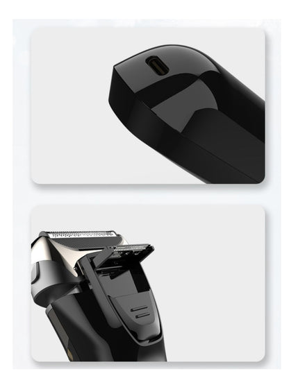 Silver electric foil shaver with LED display from Trendsi, showing a close-up of the shaver's foil head and sleek design.