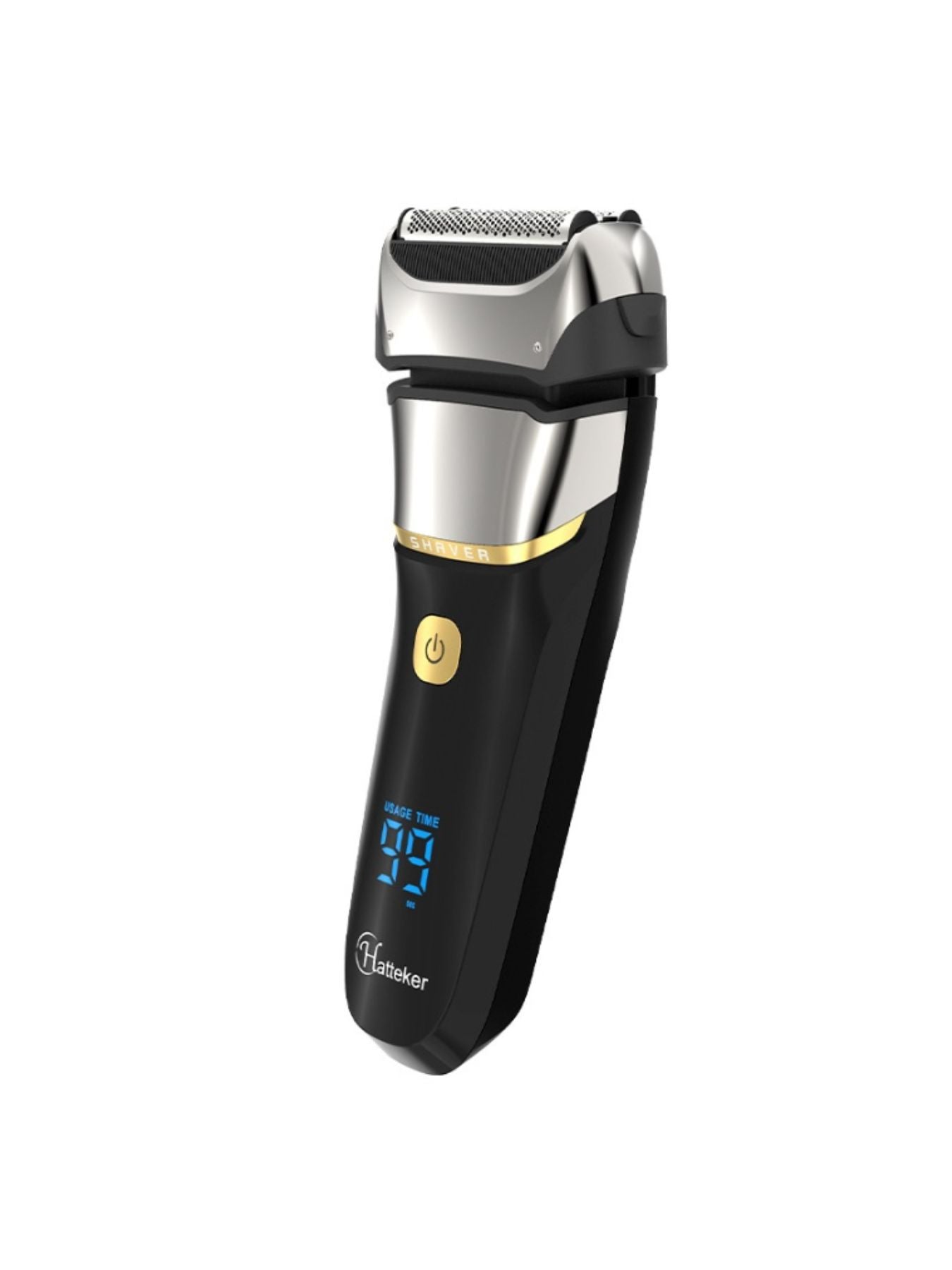 Silver electric foil shaver with LED display by Trendsi, showing a close-up of the shaver's sleek design and LED screen.