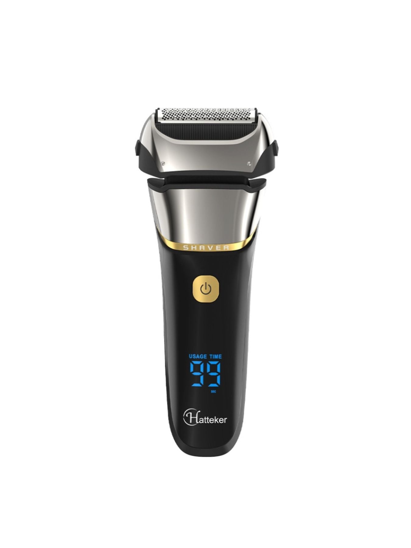 Silver electric foil shaver with LED display, Trendsi brand, showing close-up of shaving foil and control panel.