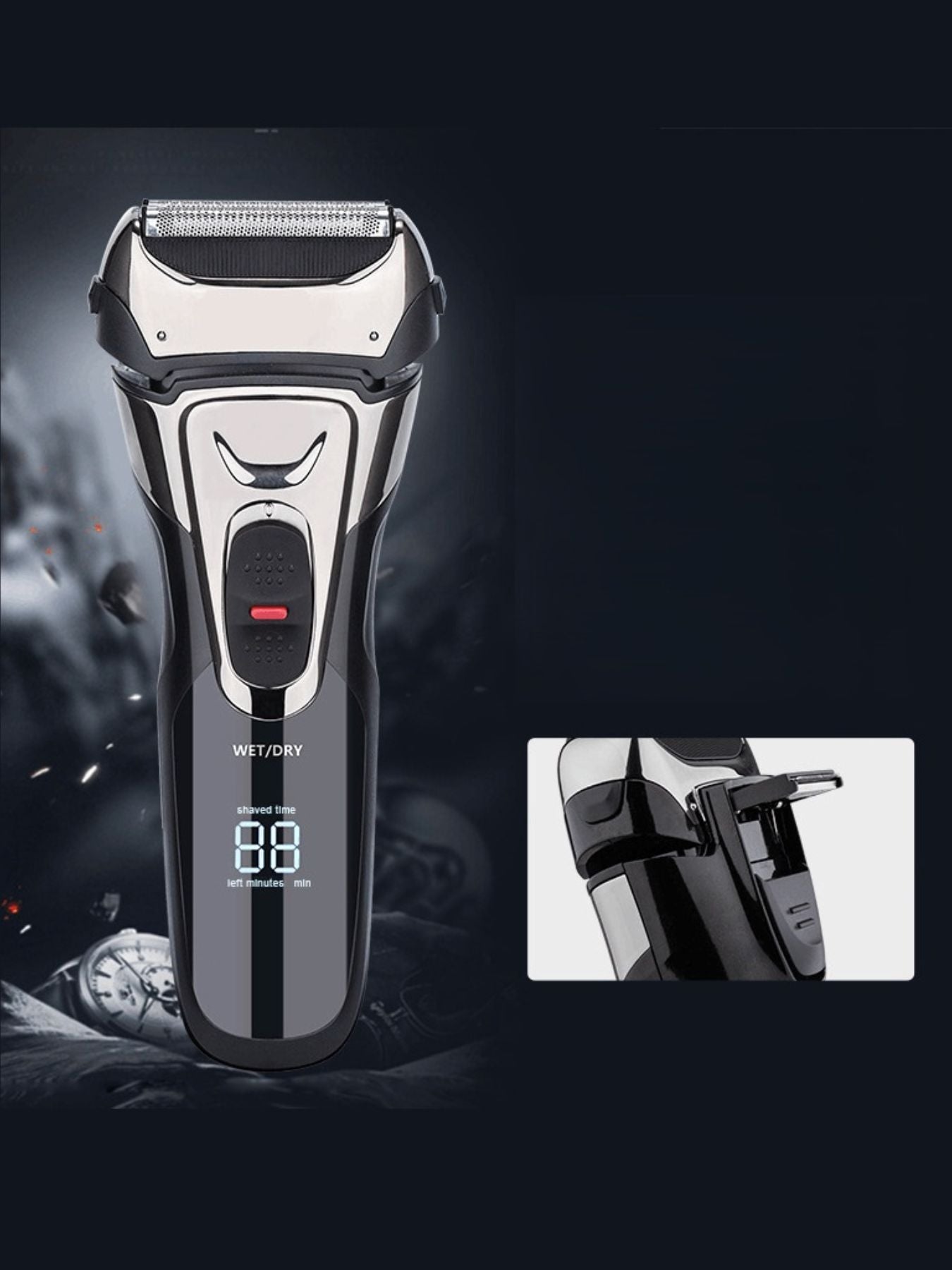 Silver Trendsi electric shaver with digital display, showing close shave and sleek design with ergonomic handle.
