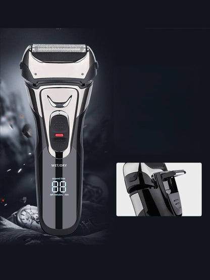 Silver Trendsi electric shaver with digital display, showing close shave and sleek design with ergonomic handle.