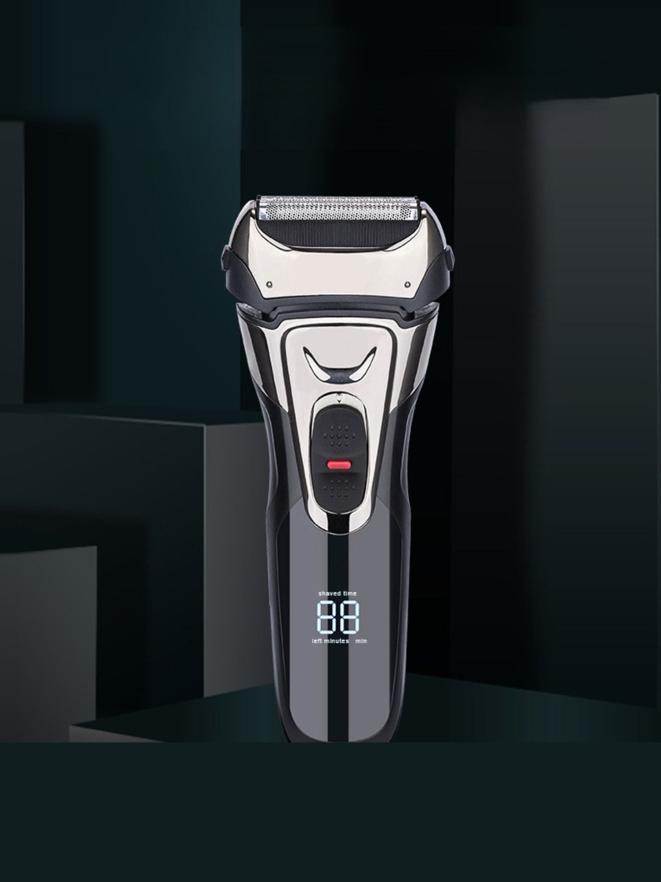 Silver electric shaver with digital display from Trendsi, showing close-up of shaver head and sleek design.