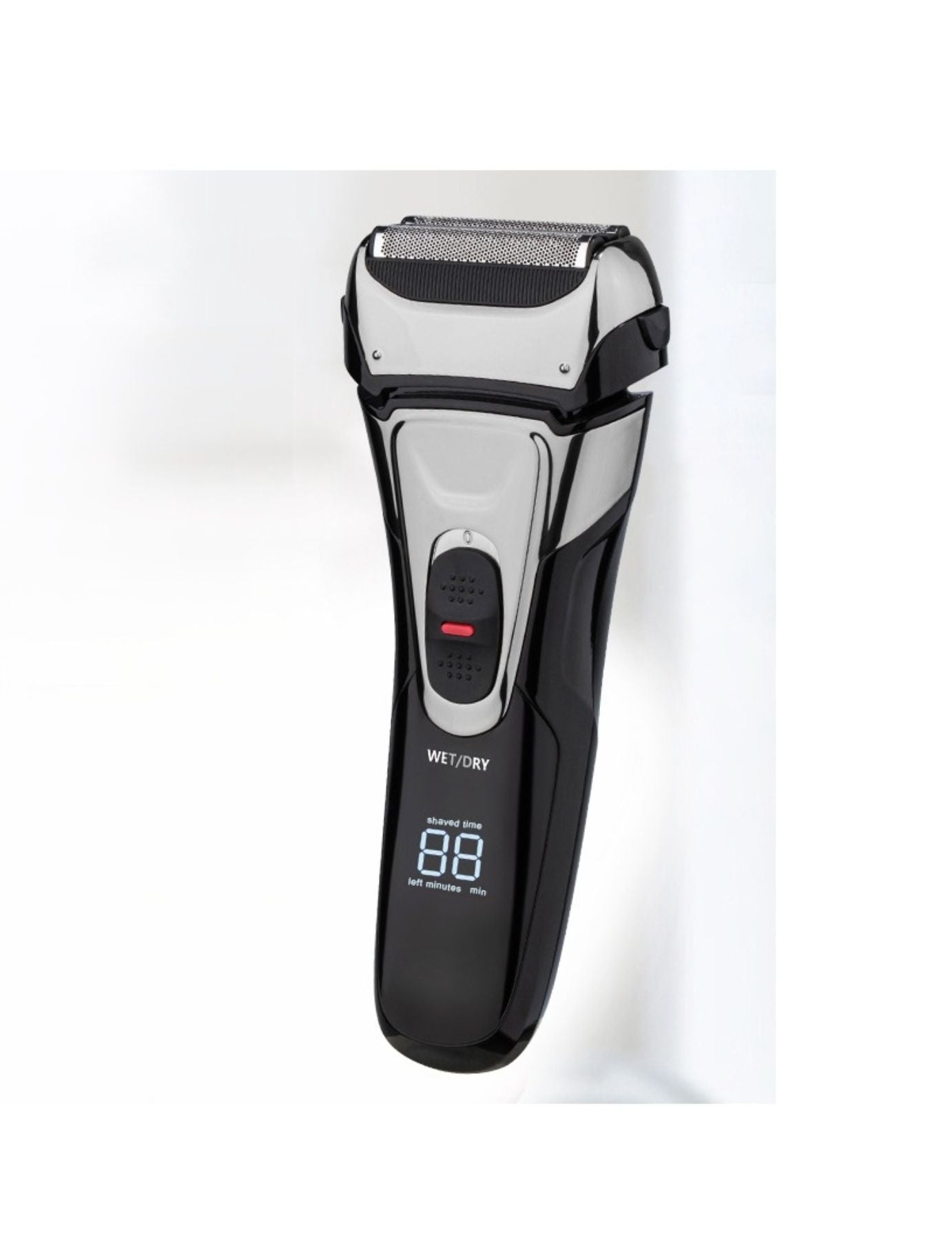 Silver electric shaver with digital display by Trendsi, featuring a sleek design and one-size fit for a close shave.