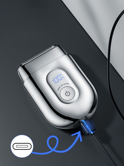 Silver portable mini shaver with LED display, compact design, ideal for on-the-go grooming by Trendsi.