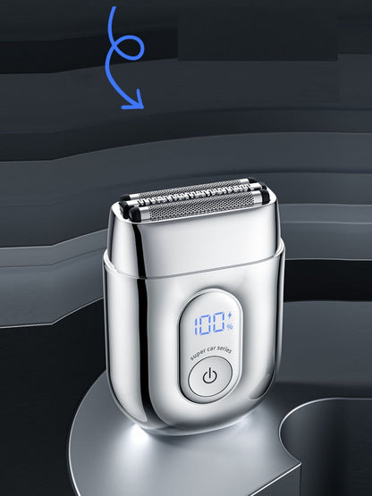 Silver portable mini shaver with LED display, compact design, perfect for travel and personal grooming by Trendsi.