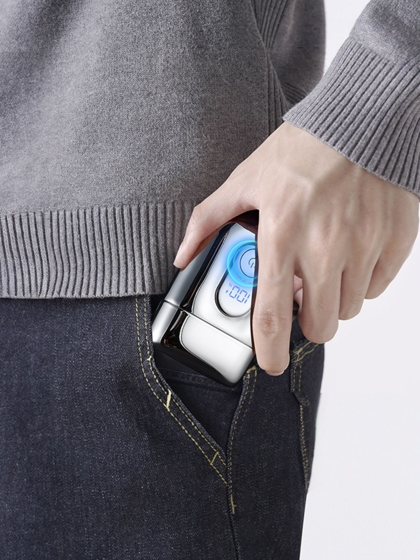 Silver portable mini shaver with LED display from Trendsi, compact and easy to use for on-the-go grooming.