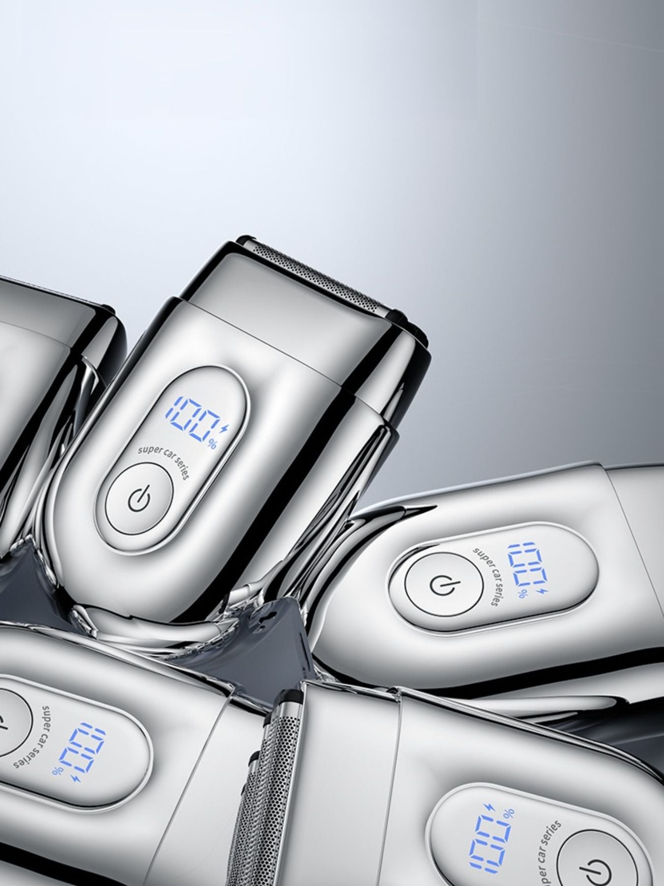 Silver portable mini shaver with LED display from Trendsi, compact design for easy grooming on the go.