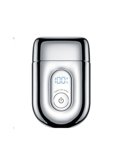 Silver portable mini shaver with LED display, compact design, and ergonomic handle by Trendsi.