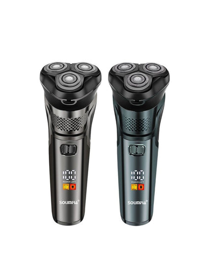 Rechargeable silver 3-head rotary electric shaver by Trendsi with a sleek design, ideal for close, comfortable shaving.