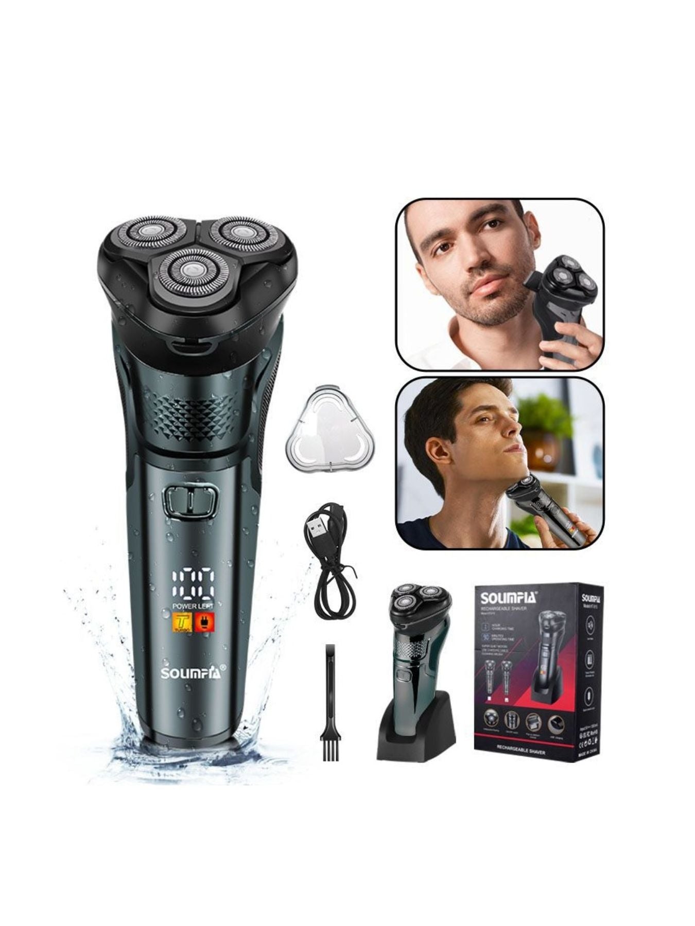 Silver rechargeable 3-head rotary electric shaver by Trendsi with a sleek design and adjustable head for a close shave.