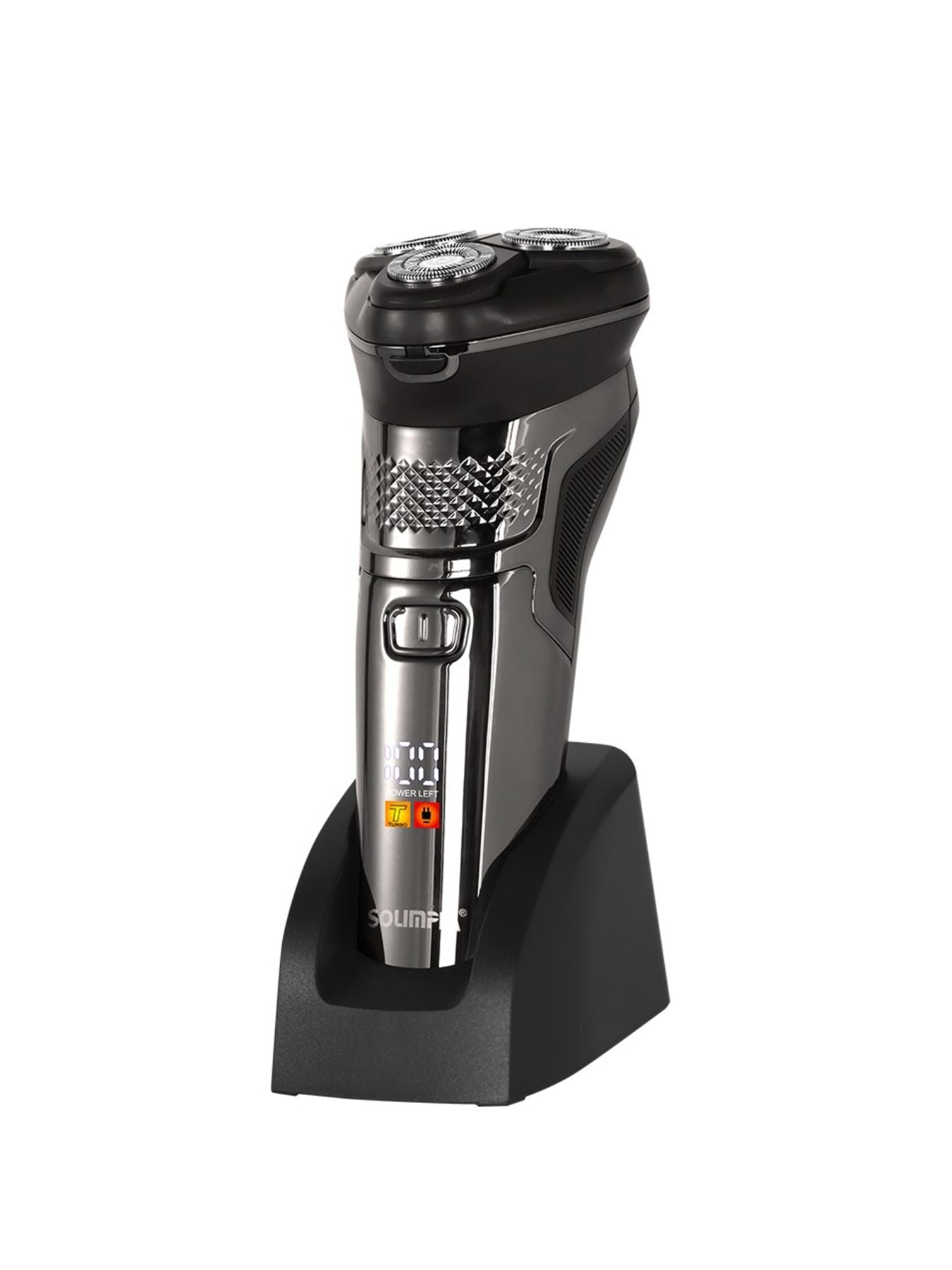 Rechargeable silver 3-head rotary electric shaver by Trendsi, designed for close and comfortable facial grooming.