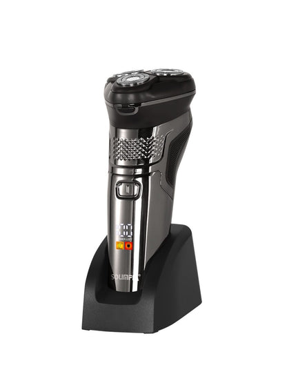 Rechargeable silver 3-head rotary electric shaver by Trendsi, designed for close and comfortable facial grooming.