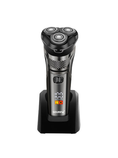 Silver rechargeable 3-head rotary electric shaver by Trendsi with ergonomic design and multiple shaving heads for smooth grooming.