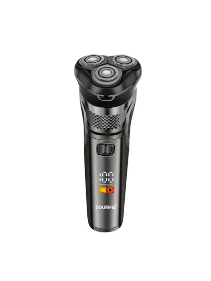 Silver rechargeable 3-head rotary electric shaver by Trendsi with a sleek design for smooth, close shaving.