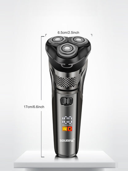 Rechargeable silver 3-head rotary electric shaver by Trendsi, showing the sleek design and multiple shaving heads.