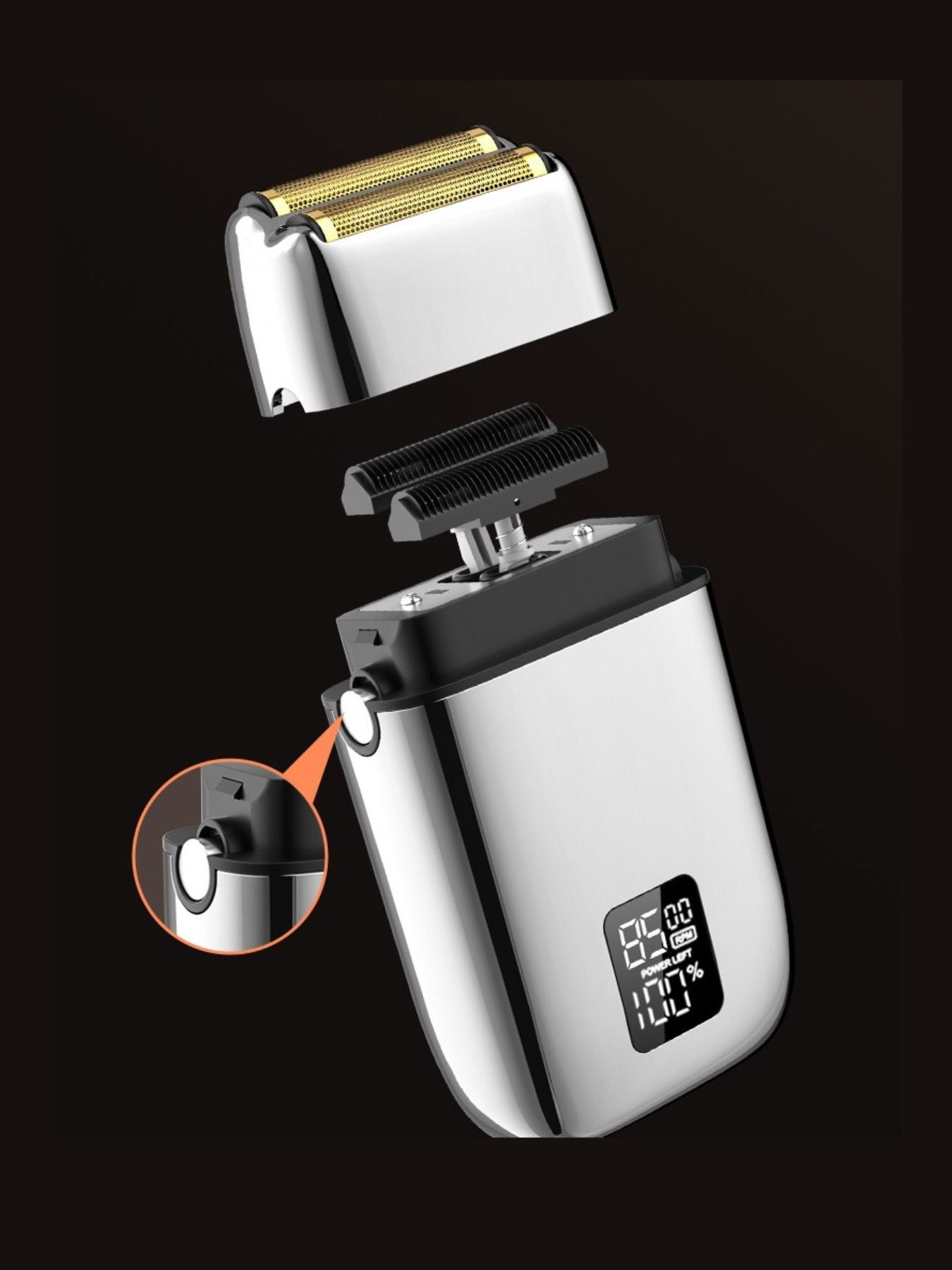 Silver rechargeable electric foil shaver with digital display, compact design, and ergonomic handle from Trendsi.