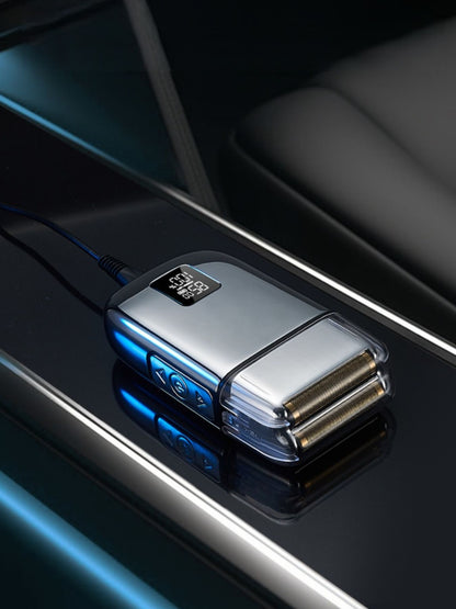 Silver rechargeable electric foil shaver with digital display, Trendsi brand, compact and versatile grooming tool.