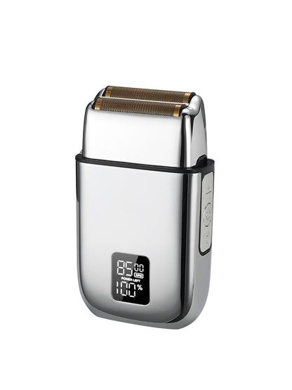 Silver Trendsi rechargeable electric foil shaver with digital display, compact design for precise grooming.