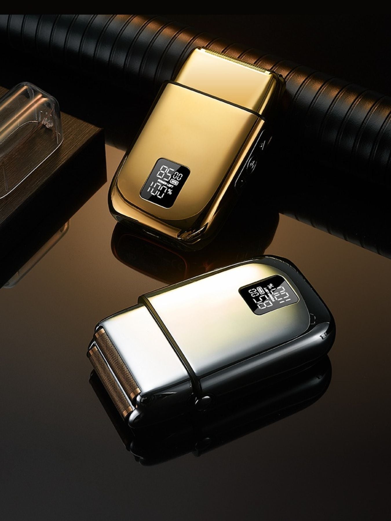 Rechargeable electric foil shaver with digital display, silver color, designed for smooth facial hair grooming by Trendsi.
