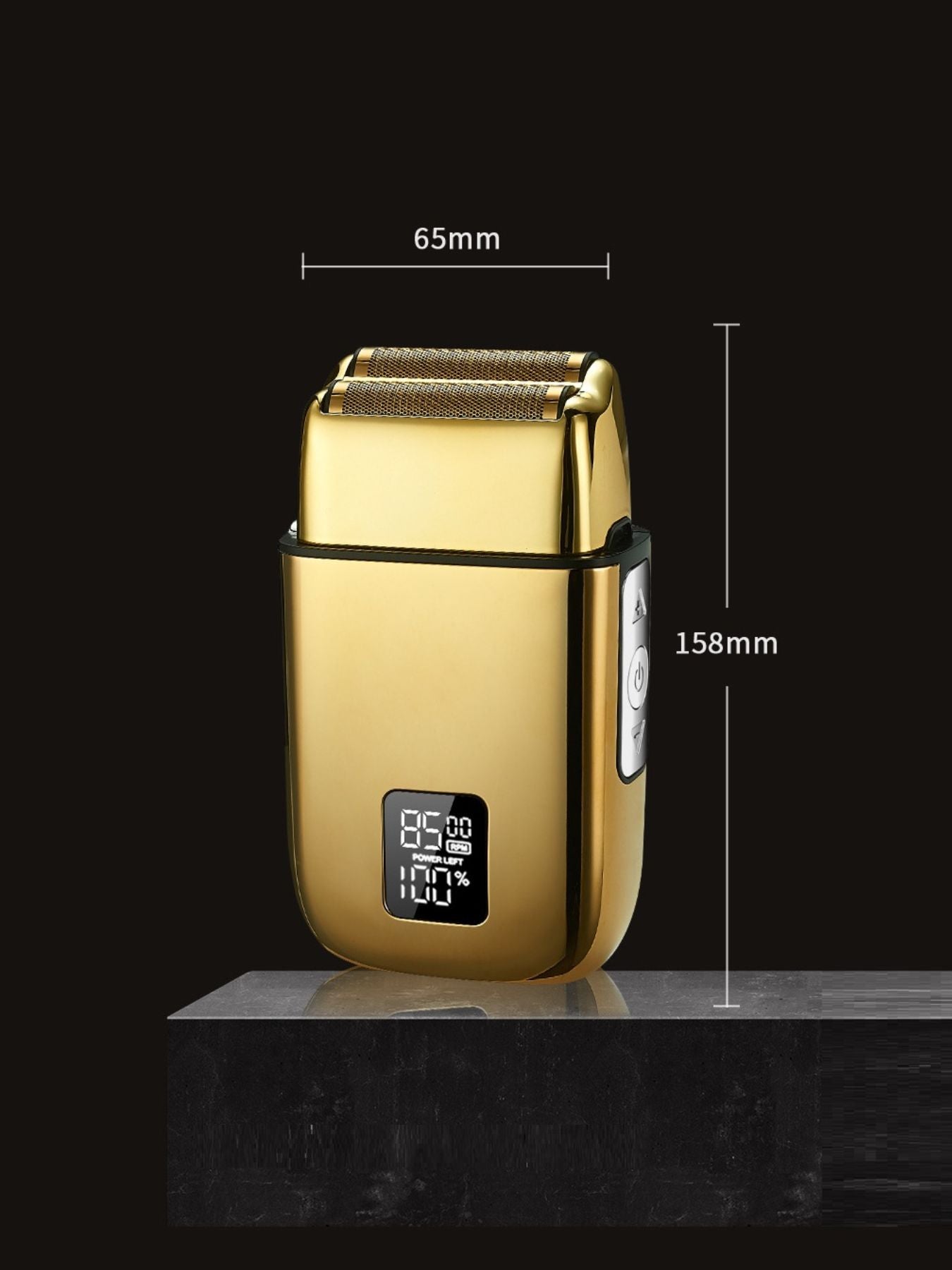 Rechargeable electric foil shaver with digital display, silver finish, designed for close grooming and easy use.