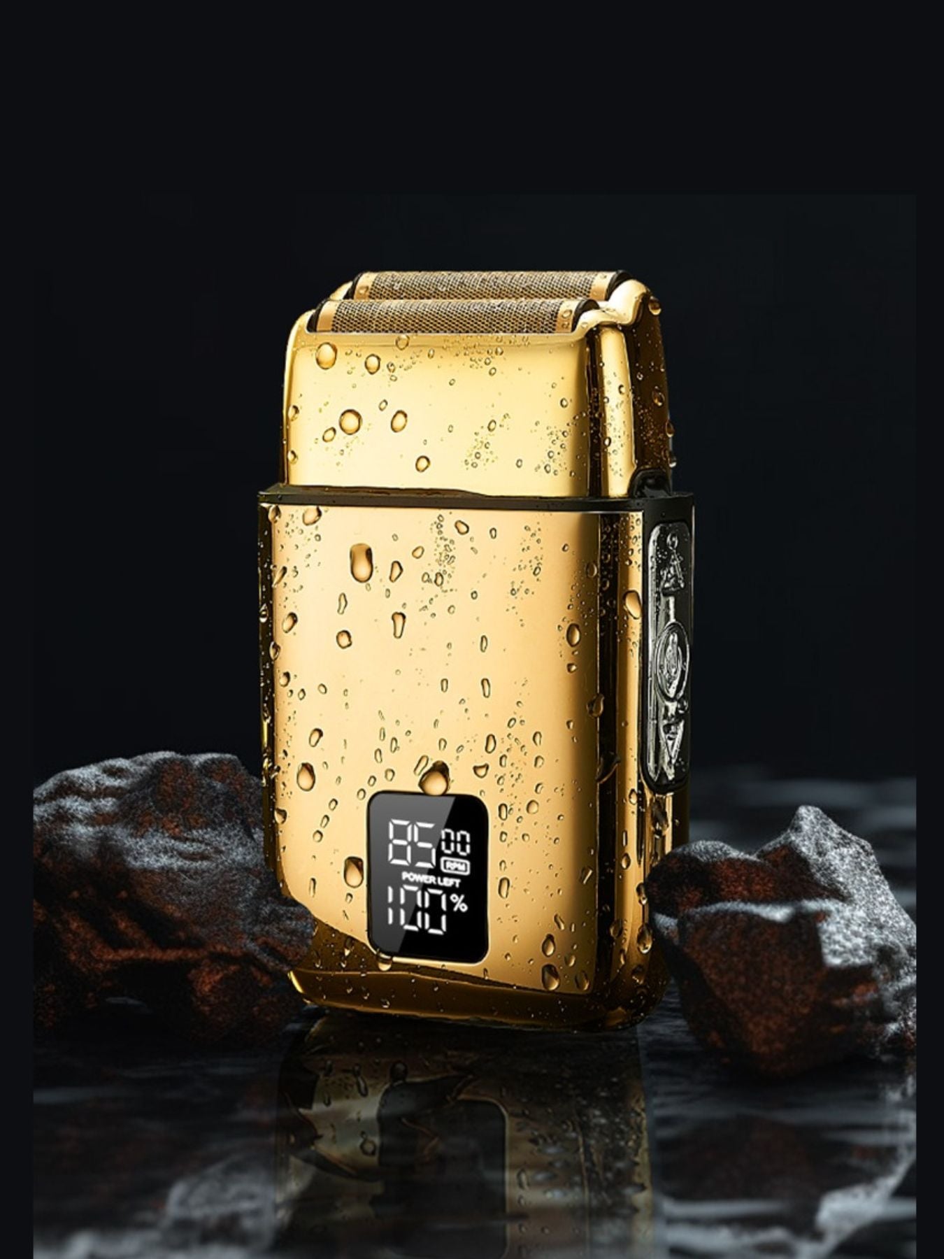 Rechargeable electric foil shaver with digital display in silver, designed for close and smooth shaving.
