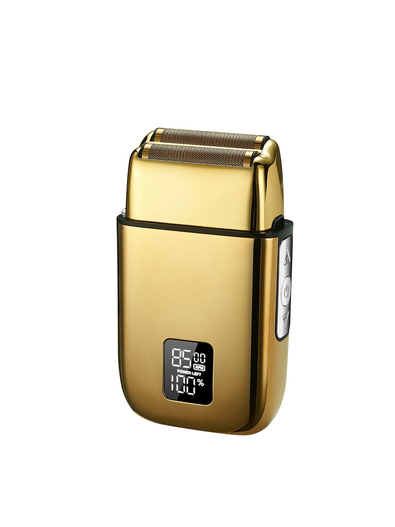 Silver rechargeable electric foil shaver with digital display, compact design, and versatile grooming features.