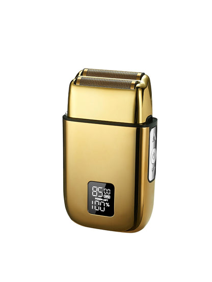 Silver rechargeable electric foil shaver with digital display, compact design, and versatile grooming features.