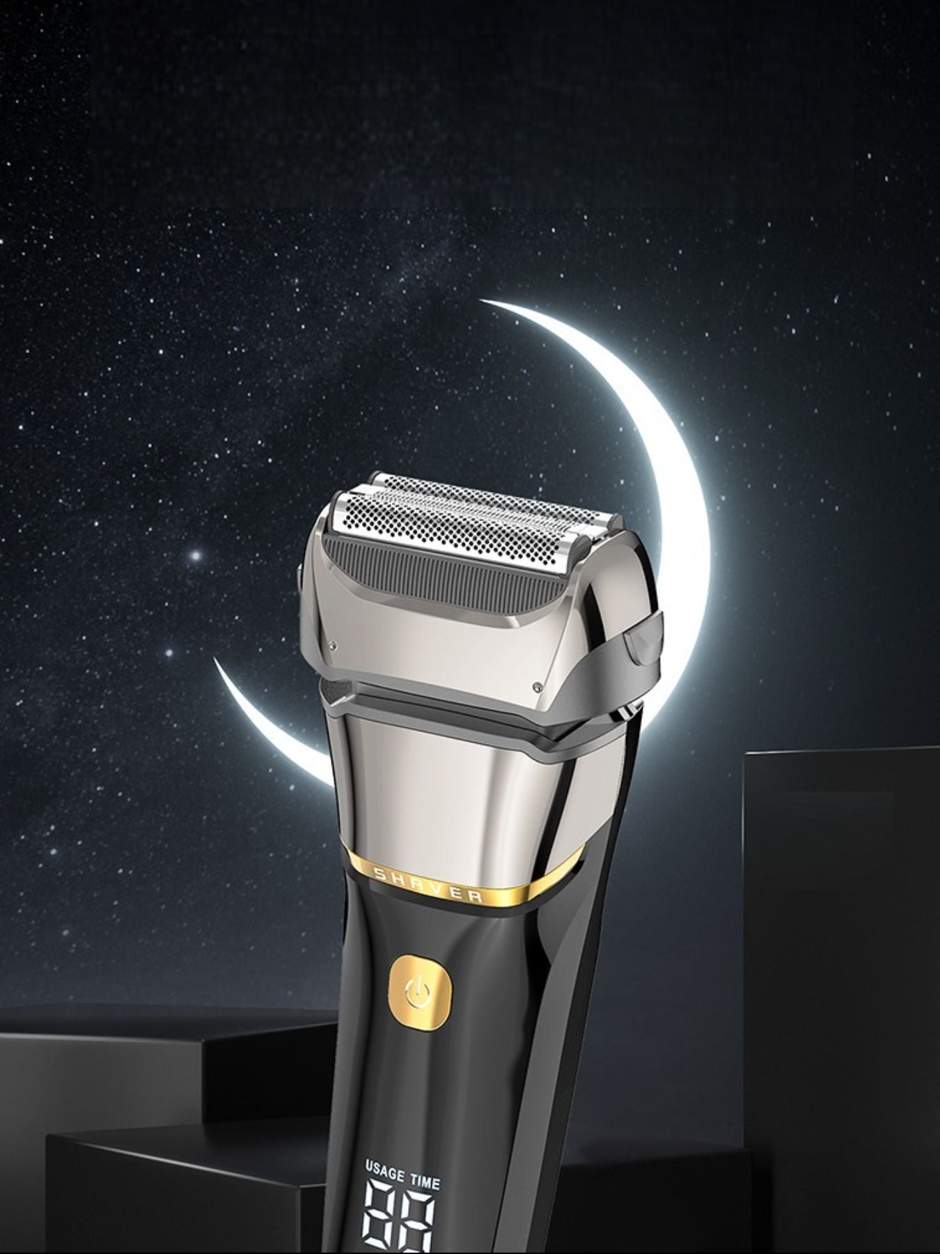 Silver rechargeable electric shaver with LED display, Trendsi brand, featuring a sleek design and adjustable grooming settings.