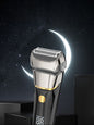 Silver rechargeable electric shaver with LED display, Trendsi brand, featuring a sleek design and adjustable grooming settings.