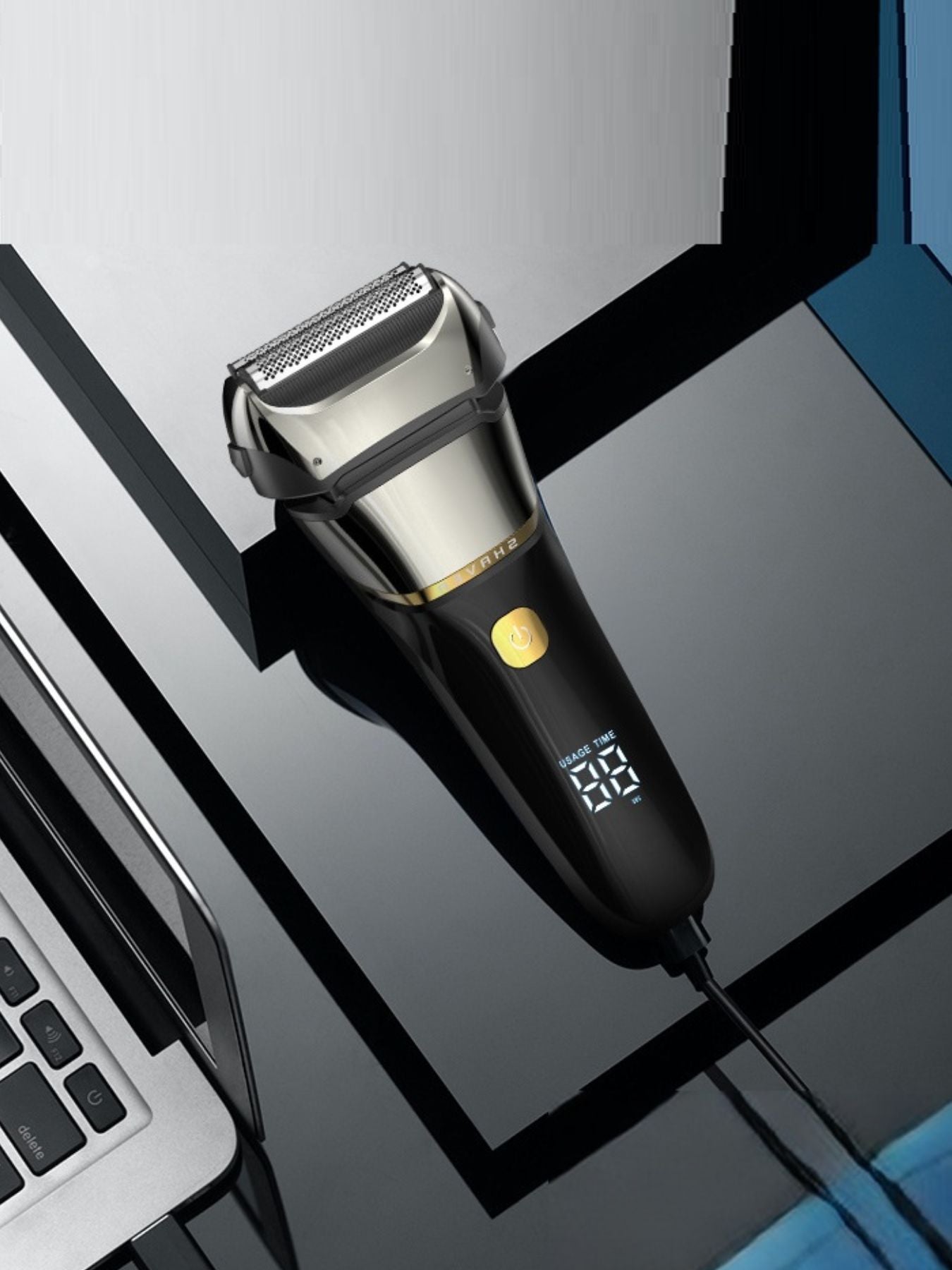 Silver rechargeable electric shaver with LED display, compact design, and ergonomic handle from Trendsi.