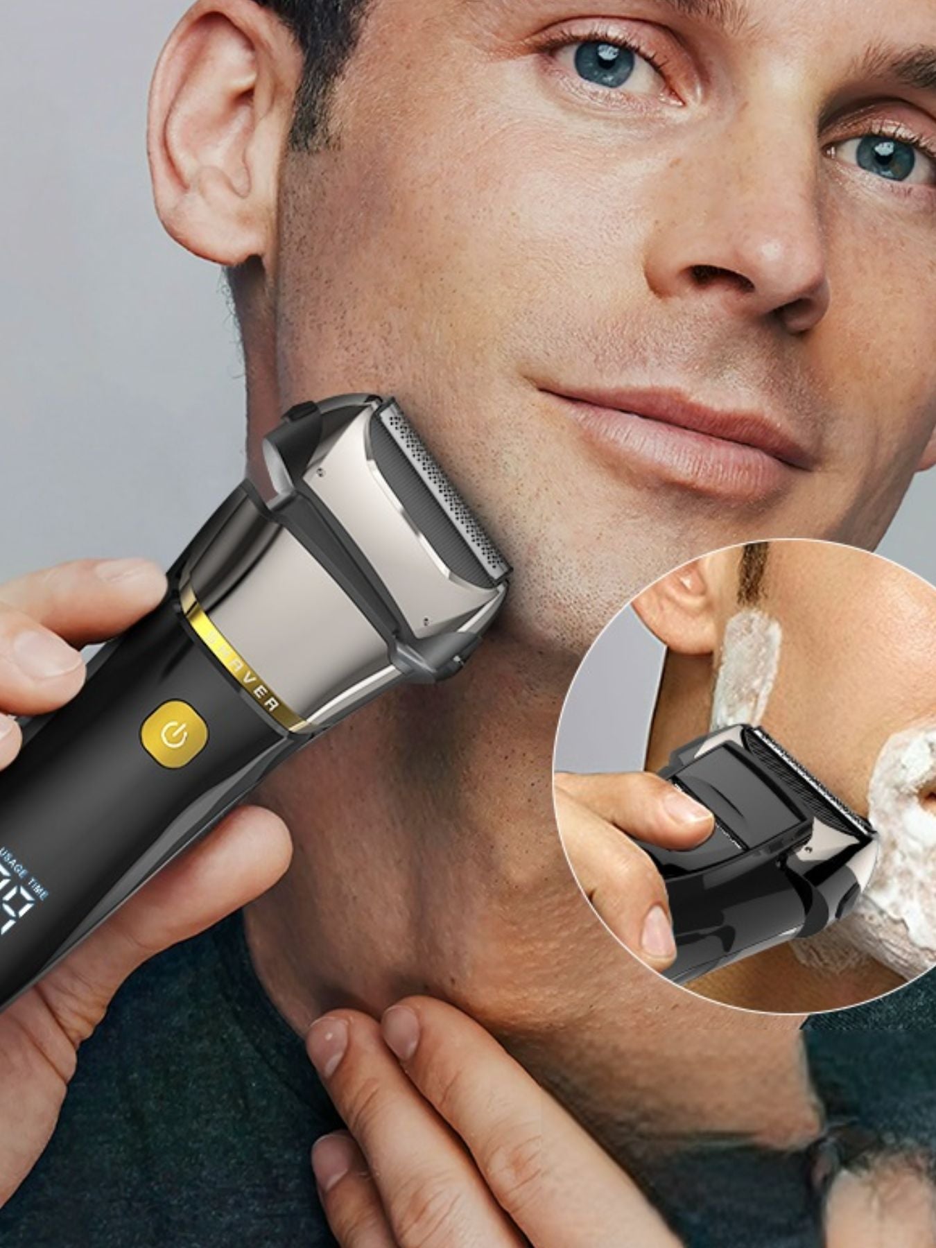 Silver rechargeable electric shaver with LED display, Trendsi brand, showing close-up of shaving head and sleek design.