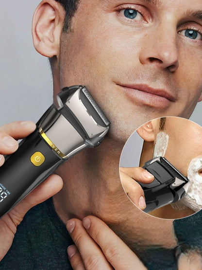 Silver rechargeable electric shaver with LED display, Trendsi brand, showing close-up of shaving head and sleek design.
