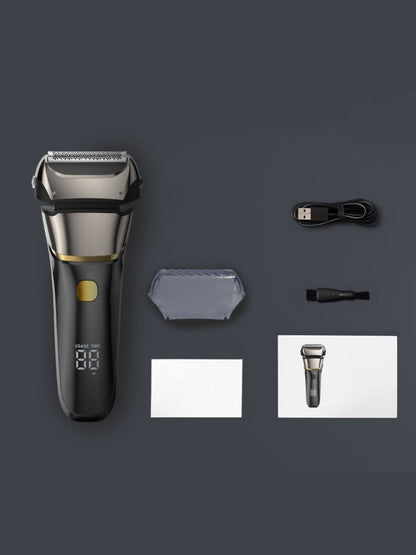 Rechargeable electric shaver by Trendsi with silver finish and LED display, showcasing close-up of shaving head and ergonomic design.