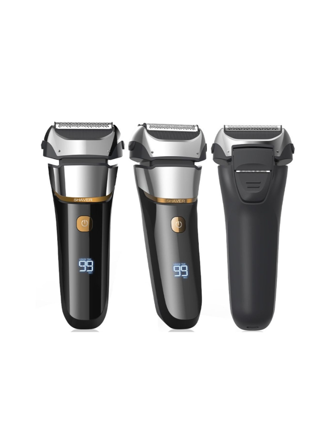 Rechargeable electric shaver with LED display in silver, showcasing a sleek design and multiple grooming features.