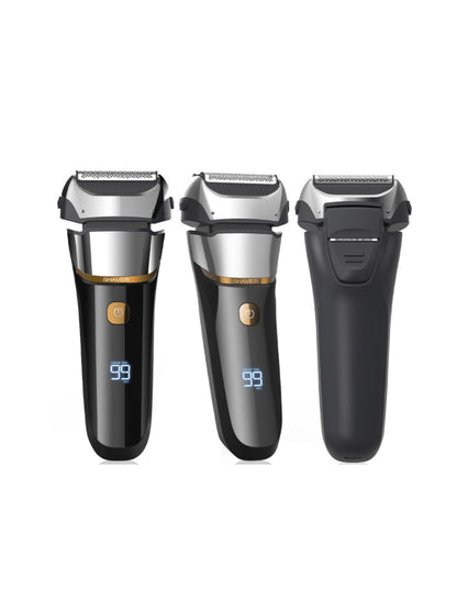 Rechargeable electric shaver with LED display in silver, showcasing a sleek design and multiple grooming features.