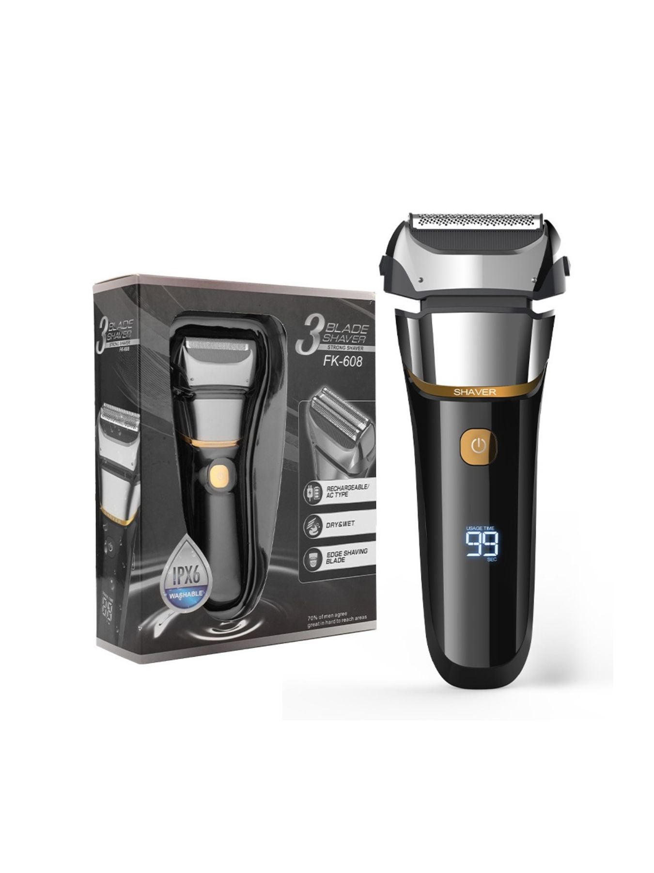Rechargeable electric shaver with LED display, silver color, compact design, and ergonomic handle for easy grooming.