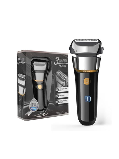 Rechargeable electric shaver with LED display, silver color, compact design, and ergonomic handle for easy grooming.