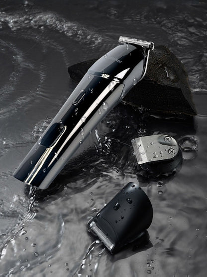 Silver cordless hair clipper trimmer by Trendsi with a sleek design, suitable for precise haircut and grooming tasks.