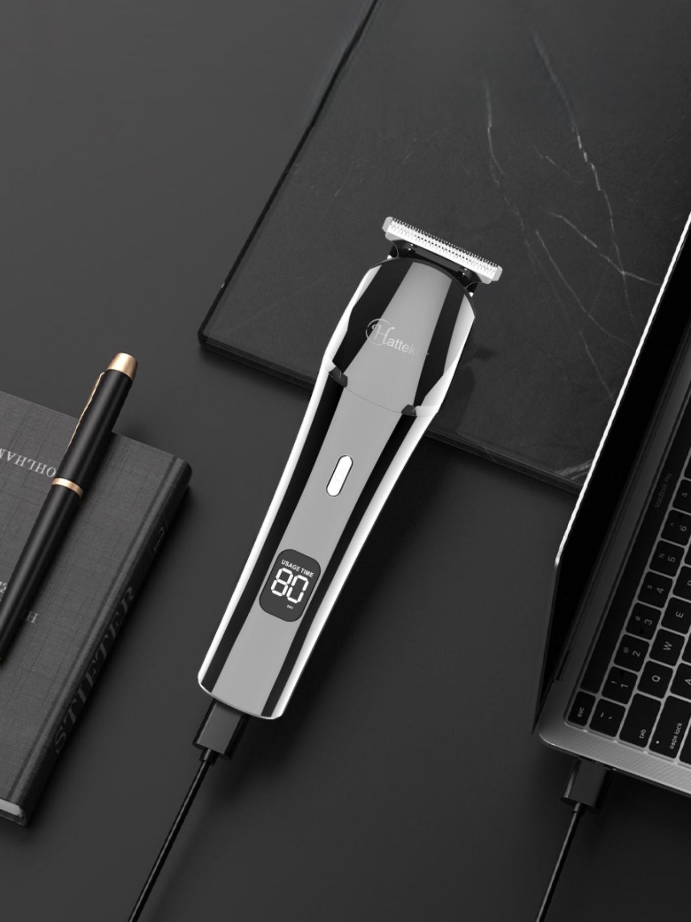 Silver cordless hair clipper trimmer by Trendsi with a sleek design, perfect for precision haircuts and grooming.