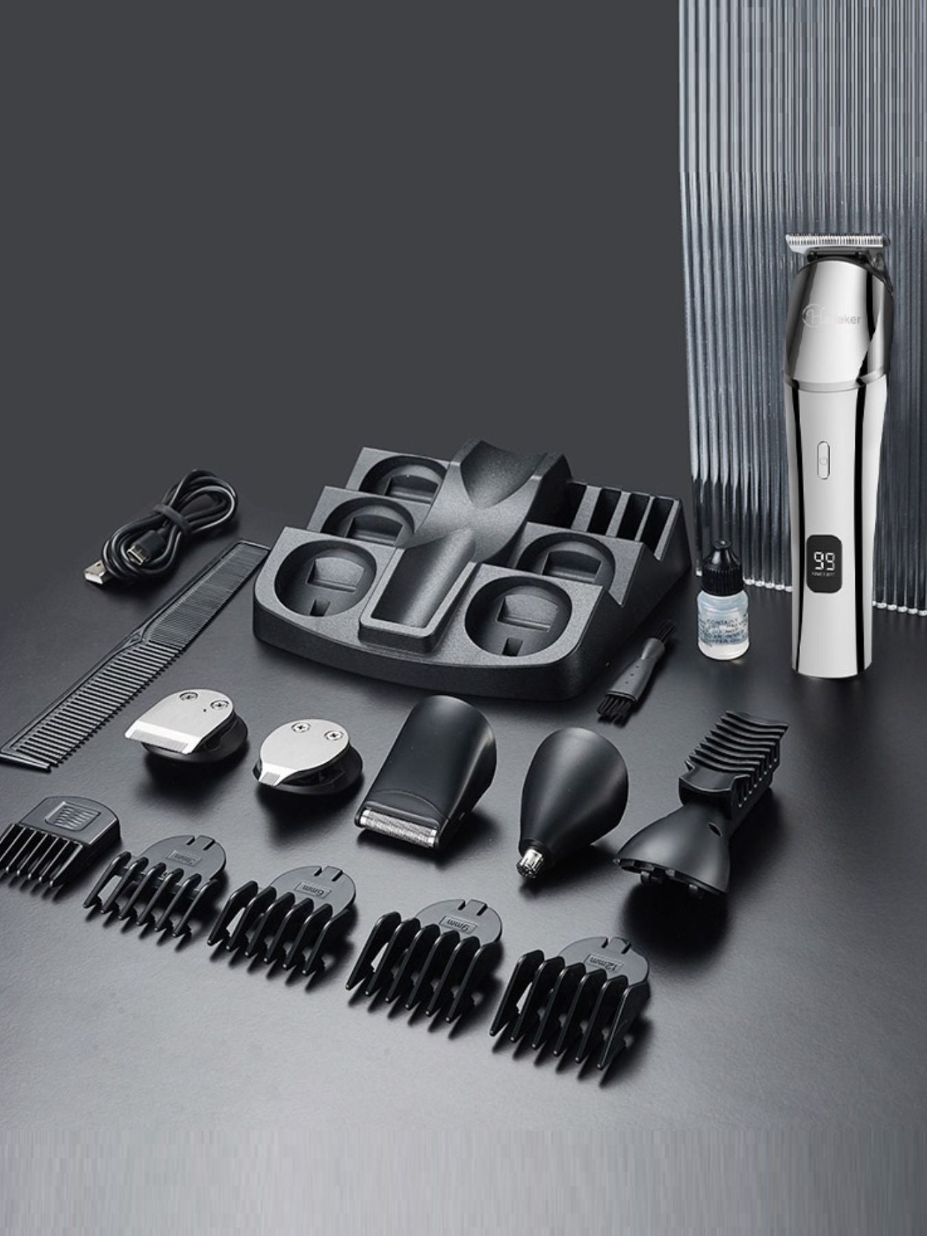 Silver cordless hair clipper trimmer by Trendsi with ergonomic design and adjustable blades for precise grooming.