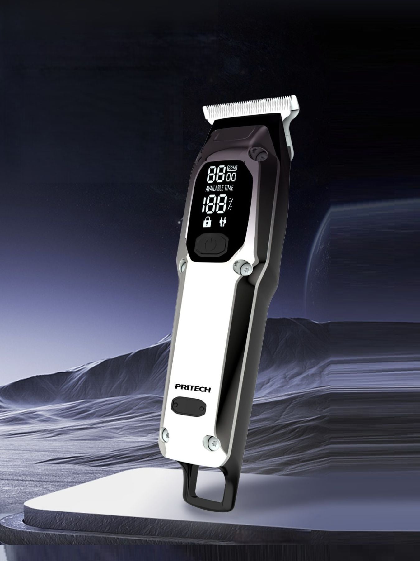 Silver cordless hair clipper with LED display, Trendsi brand, showing adjustable blades and ergonomic design