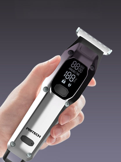 Silver cordless hair clipper with LED display from Trendsi, showing adjustable blades and ergonomic design for easy grooming.