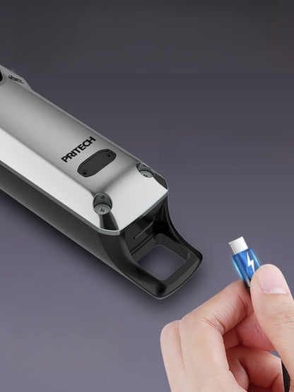 Silver cordless hair clipper with LED display from Trendsi, showing adjustable blades and ergonomic design for easy styling.