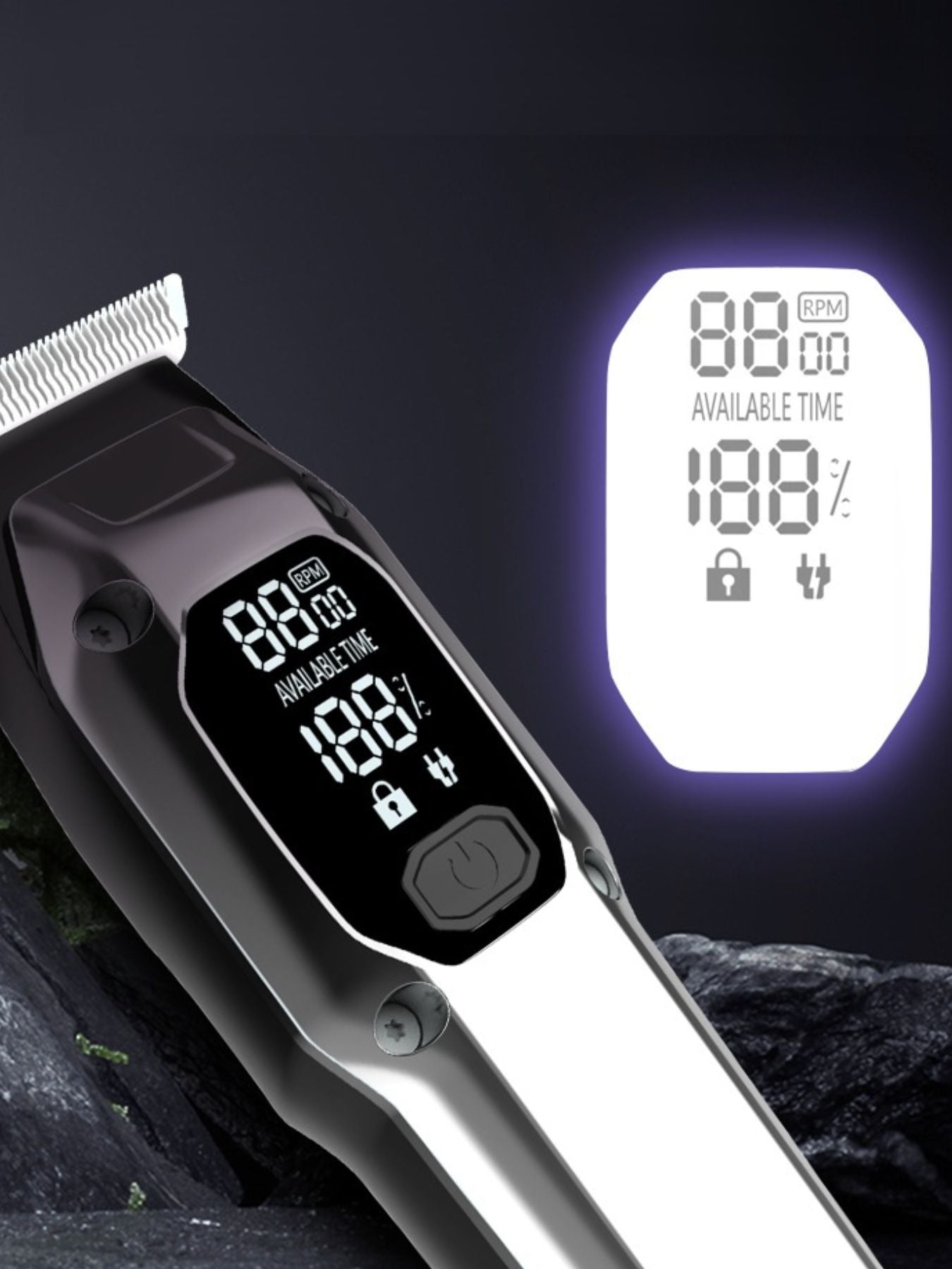 Silver cordless hair clipper with LED display from Trendsi, showing adjustable blades and ergonomic design for easy grooming.